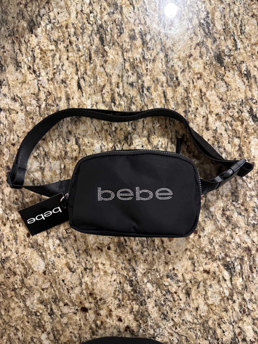 bebe Black Satin Belt Bag/ Crossbody Bag with Rhinestone Logo